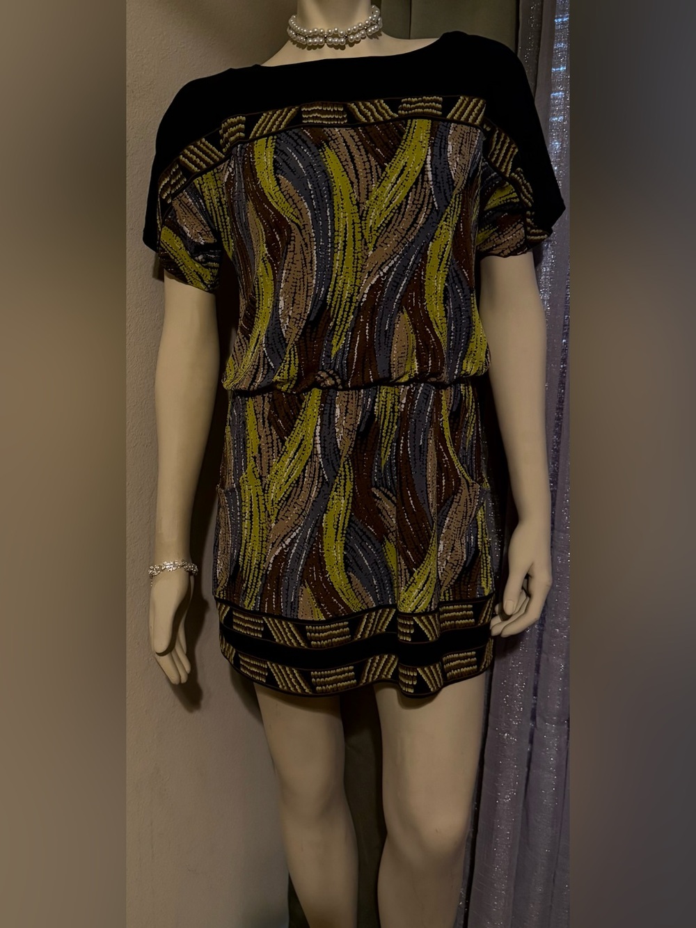Alfani Black Dress with Multicolor Wave Trim
